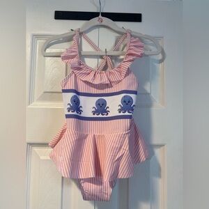 NWT Pink Striped Kids Swim One Piece with Octopus Design NWT